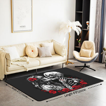 Erosebridal Gothic Couple Skull Area Rug 3x5 Skeleton Bones Rug for Bedroom Living Room Halloween Red Rose Flower Carpet Decor Goth Style Indoor Floor Mat Non Slip