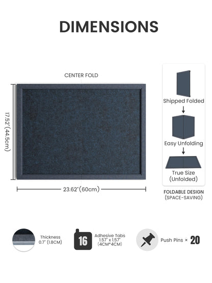 Fluxynara Foldable Cork Board Alternative, Felt Bulletin Board 23.6" x 17.5" Navy Blue Frame with 12 Adhesive Tabs, Pin Board for Home Office, Classroom, Entryway, Kitchen Wall Decor—Carbon Blue