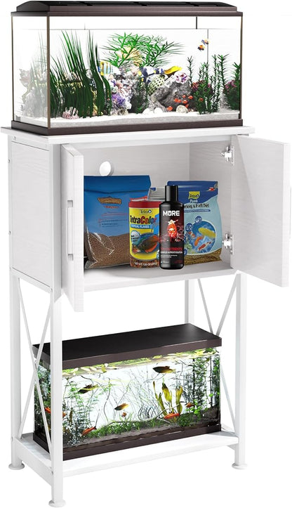 Herture 5-10 Gallon Fish Tank Stand, Metal Double Aquarium Stand with Cabinet for Fish Tank Accessories Storage, Heavy Duty 20.5" L* 11.02" W Tabletop, 500LBS Capacity White PG06YGW