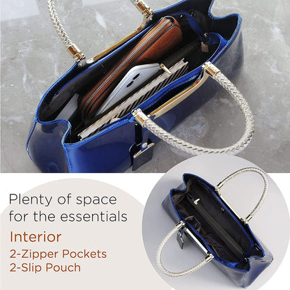 XingChen Glossy Women Handbag Faux Patent Leather Top-Handle Bag Structured Shoulder Bag Tote Evening Purse Party Satchel(Blue)