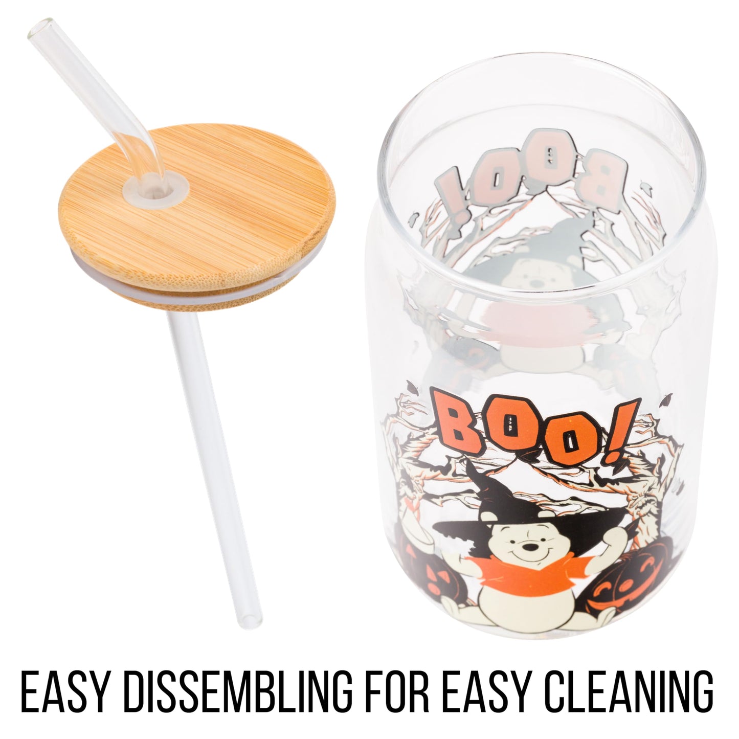 Silver Buffalo Disney Winnie the Pooh Halloween Spooky Boo Witch Hat Jack-o-Lantern Glass Jar Tumbler with Bamboo Lid and Glass Straw, 16 Ounces