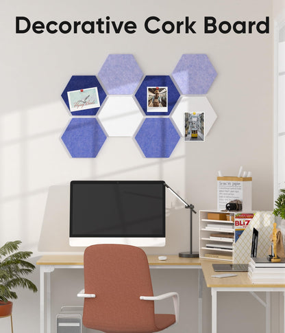 Toptople 12 Inch Large Hexagon Cork Board for Walls, 8 Pack Felt Bulletin Board Tiles, Pin Board with Push Pins for Office Photo and Note, Denim Blue