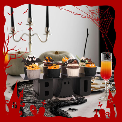 Whaline Halloween Ghost Cupcake Stand Black Ghost Boo Acrylic 6.3 x 15.7 Inch Clear Dessert Display Holder Tray for Holiday Birthday Trick or Treat Party Decoration