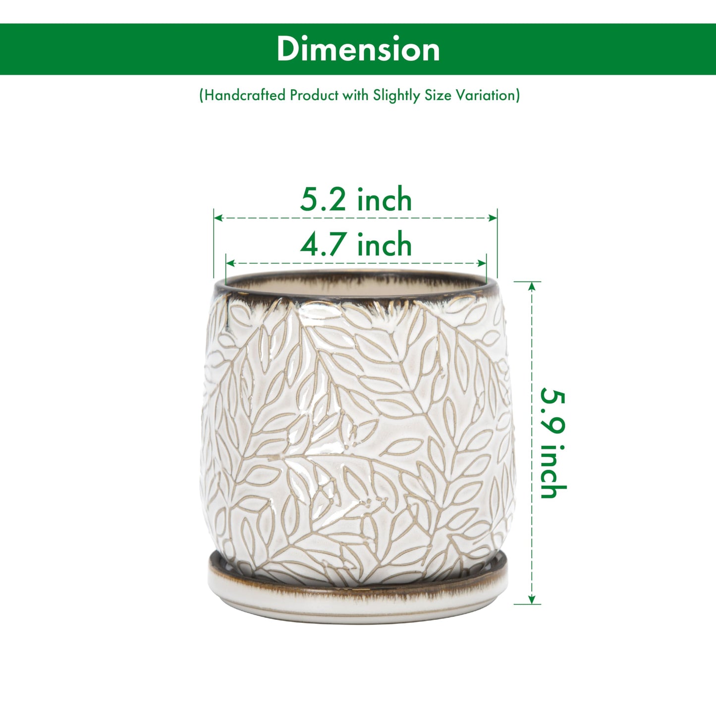 D'vine Dev 5 Inch Embossed Leaves Stoneware Planter Pot with Drainage Hole and Saucer, Smoked White, Set of 2, 27-F-V-1