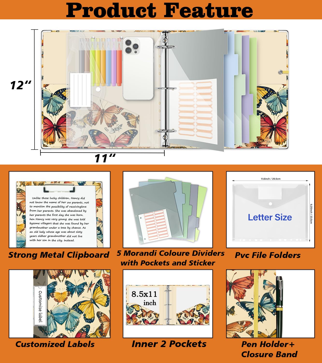 3 Ring Binder 2 Inch for 8.5"x11" Paper, Three Ring Binders with Clipboard, 5 Dividers with Tabs and Pockets, Decorative Binder with Pen Holder,Butterfly