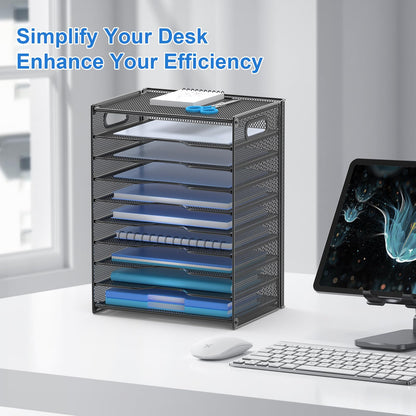 OUTWOLF 10 Tier Paper Organizer - Letter Tray Mesh Desk File Organizer with Handles for Office School Desktop, Black