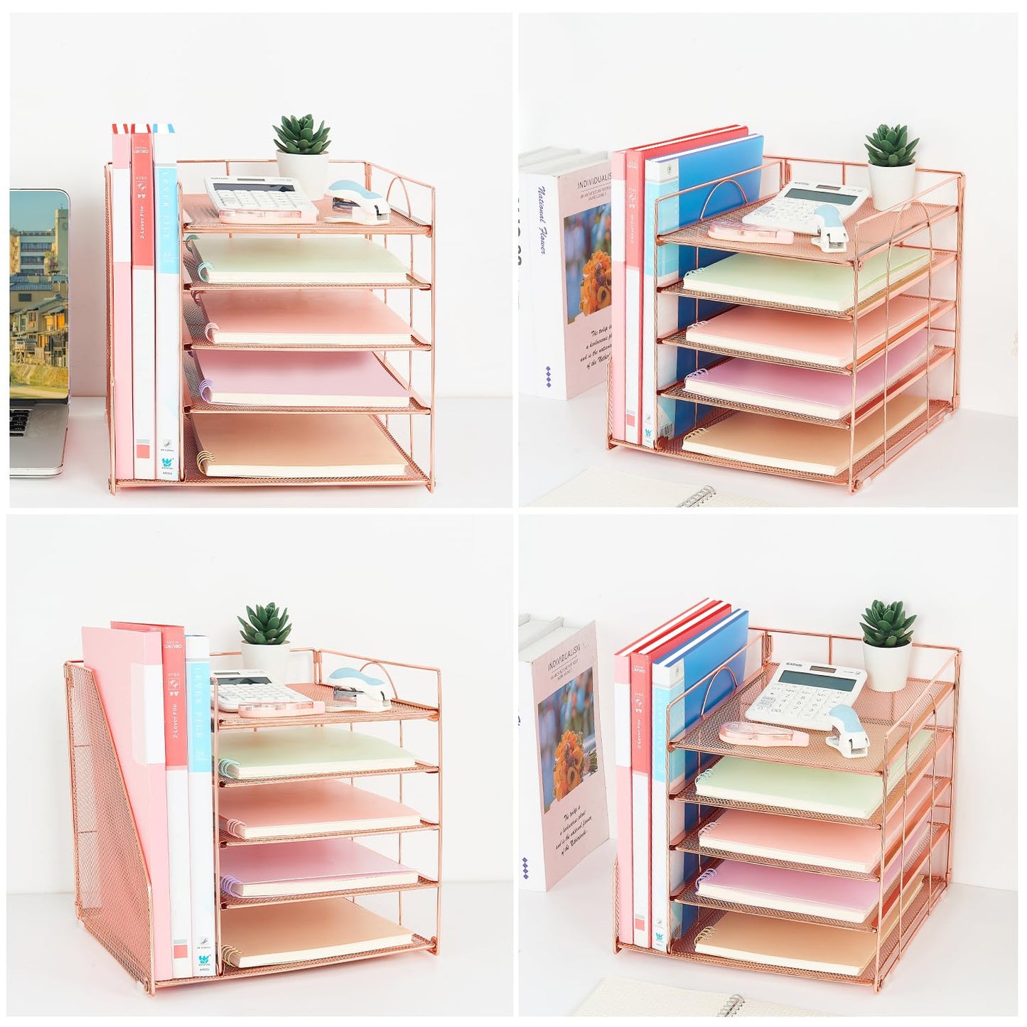 LEKETREE Desk Organizers and Accessories, 5-Tier Paper Letter Tray Organizer with File Holder, Desktop Organizer for Office Supplies (Rose Gold)