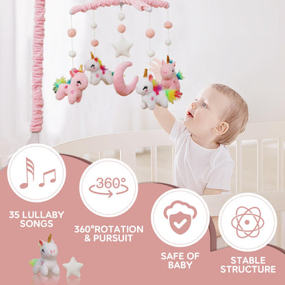 Baby Crib Mobile - Unicorn Crib Mobile for Girls with 28 Inches Mobile Arm and 35 Lullabies Musical Box, 3 Modes Digital, Volume Control, Essential Gift for Infant Bedroom Hanging Decor