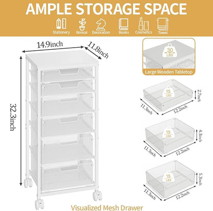 Sbanmao 6 Drawers Rolling Utility Cart, Rolling Storage Cart with Wooden Tabletop, Storage Drawer Cart on Lockable Wheels, Craft Cart for Bedroom, Classroom, Office, White