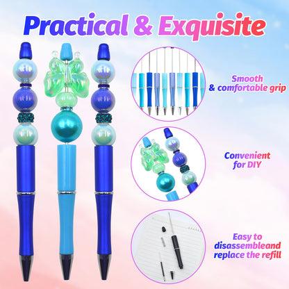 DASTTUIS 150 Pieces DIY Beadable Pen Kit – 50 Plastic Ballpoint Pens with Refills & Bags – School Supplies, Office Accessories & Decorative Items for Students & Teachers (Blue)