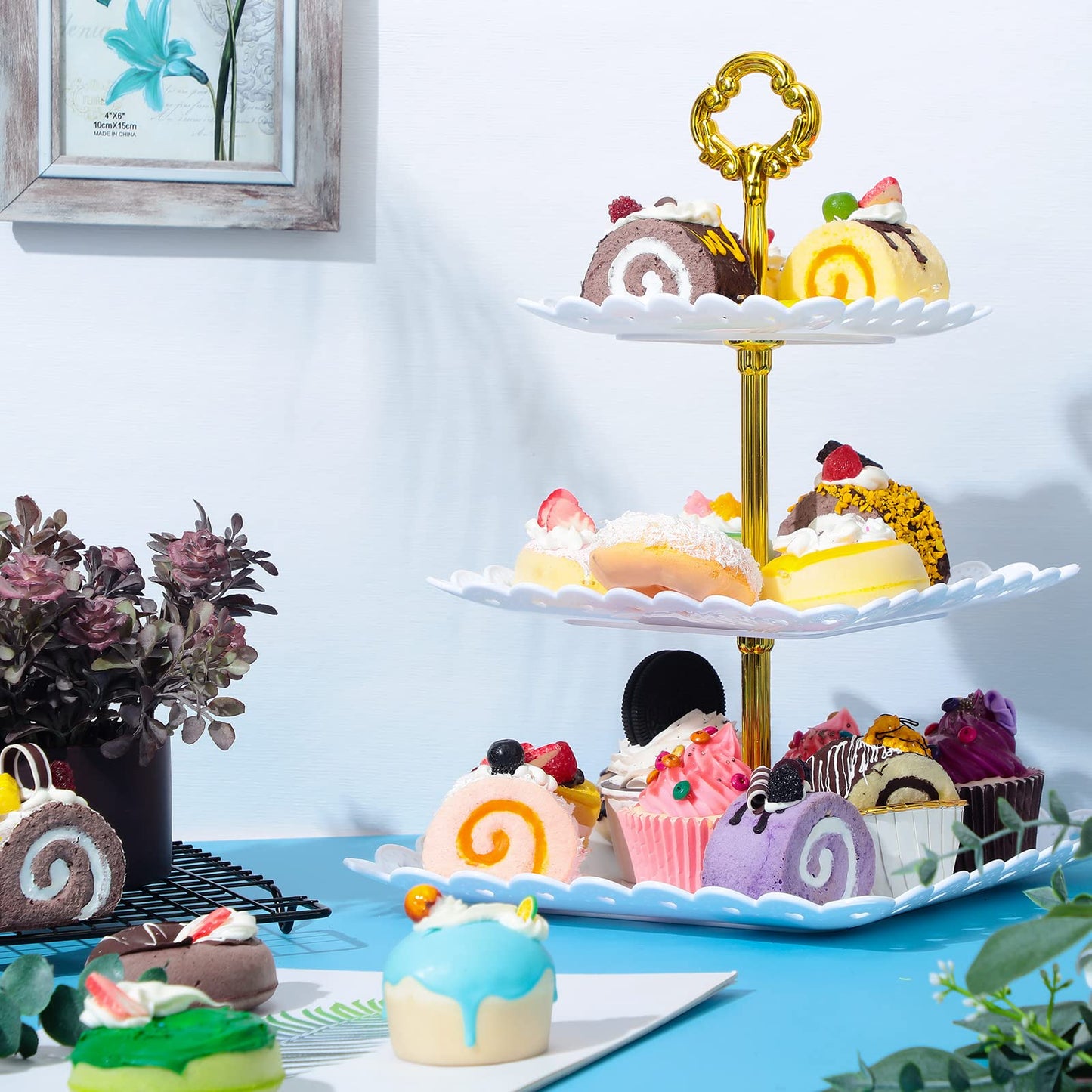 Gandeer 6 Sets of 3 Tier Tea Party Cupcake Stand, White Plastic Cupcake Dessert Plates Square Display Trays for Cake Fruit Candy Display Tower for Wedding Birthday Baby Shower Decorations