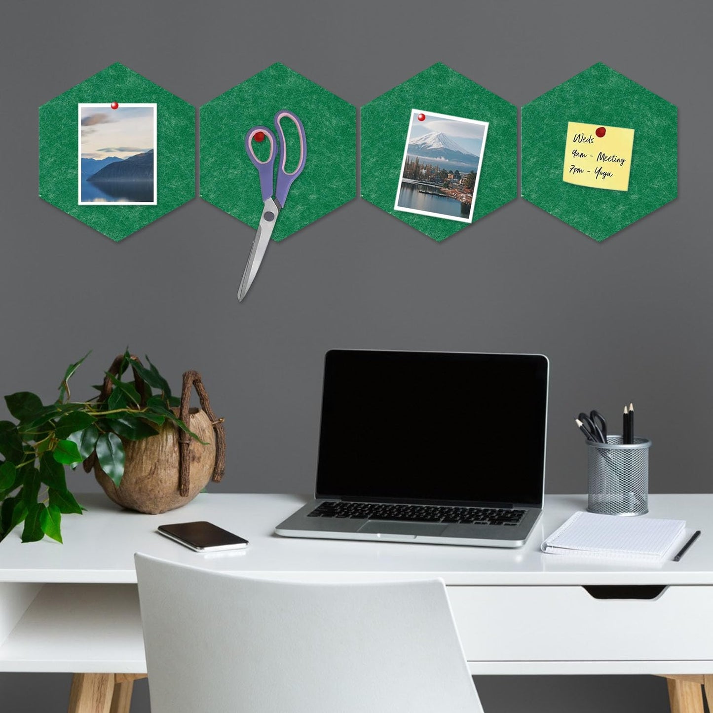 8 Packs Green Hexagon Felt Pin Board, 12" Bulletin Board with 30 Push Pins, Felt Board for Home Kitchen Office Decor, Self-Adhesive Corkboard Tiles for Walls Classroom Message Photos Memos Display