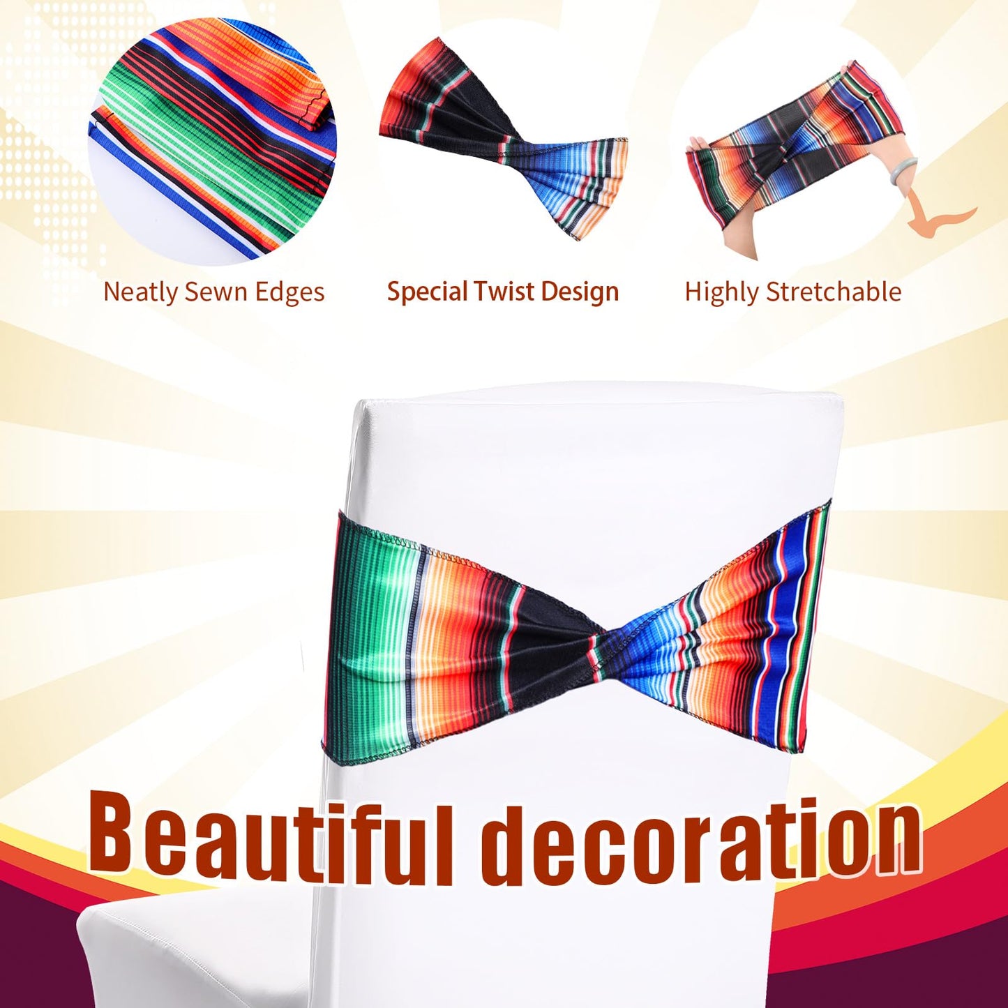 Newwiee 24 Pcs Stretch Chair Sashes Bands Without Buckle Mexican Decorations Elastic Bows for Folding Chair Ties for Wedding Cinco De Mayo Event Fiesta Party Birthday Banquet