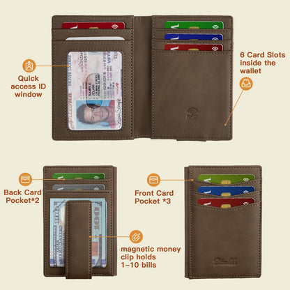 Zitahli Mens Slim Wallet - RFID Blocking Leather Bifold with Magnetic Closure, 12+ Card Capacity ID Window | Money Clip Gifts for Him