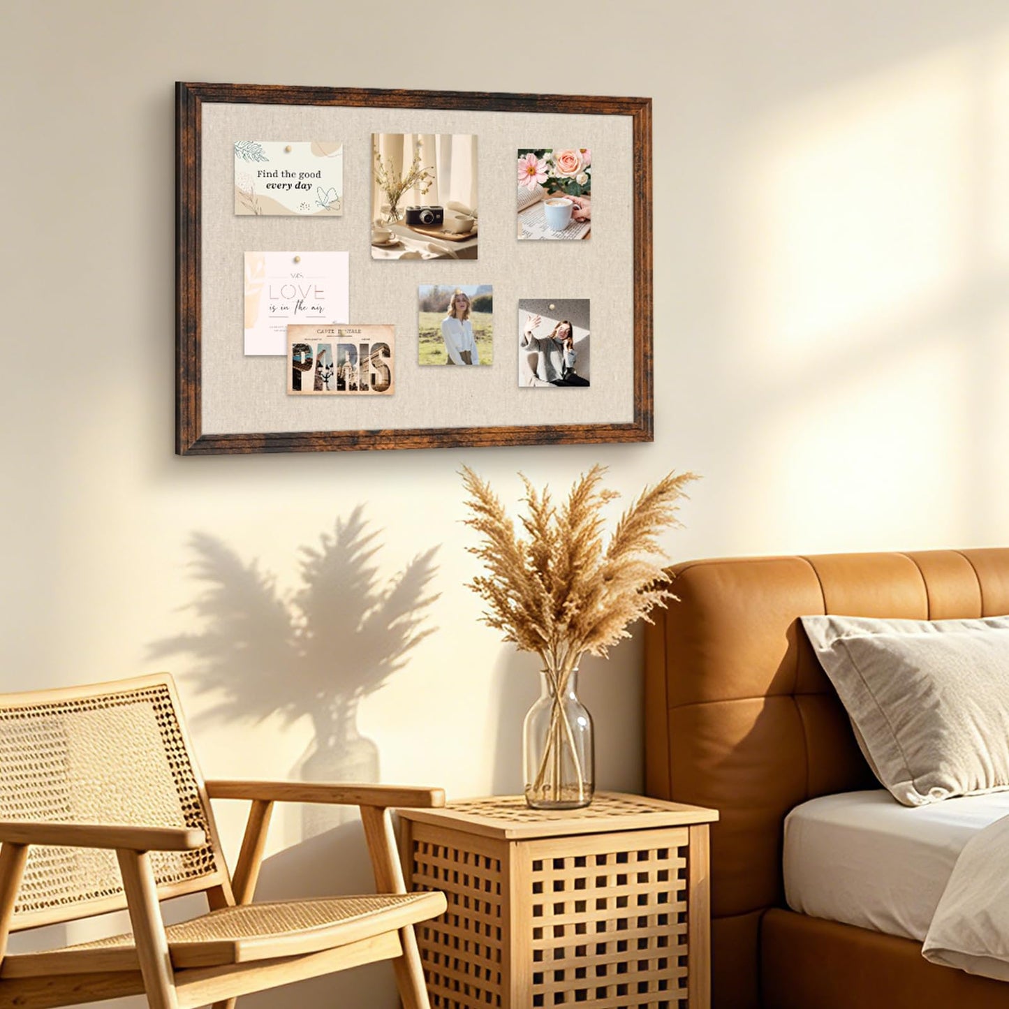 DOLLAR BOSS Linen Bulletin Board 36" x 24", Decorative Cork Boards for Walls with White Wood Frame, Premium Fabric Pin Board for Office, Home & School Room Decor, Brown