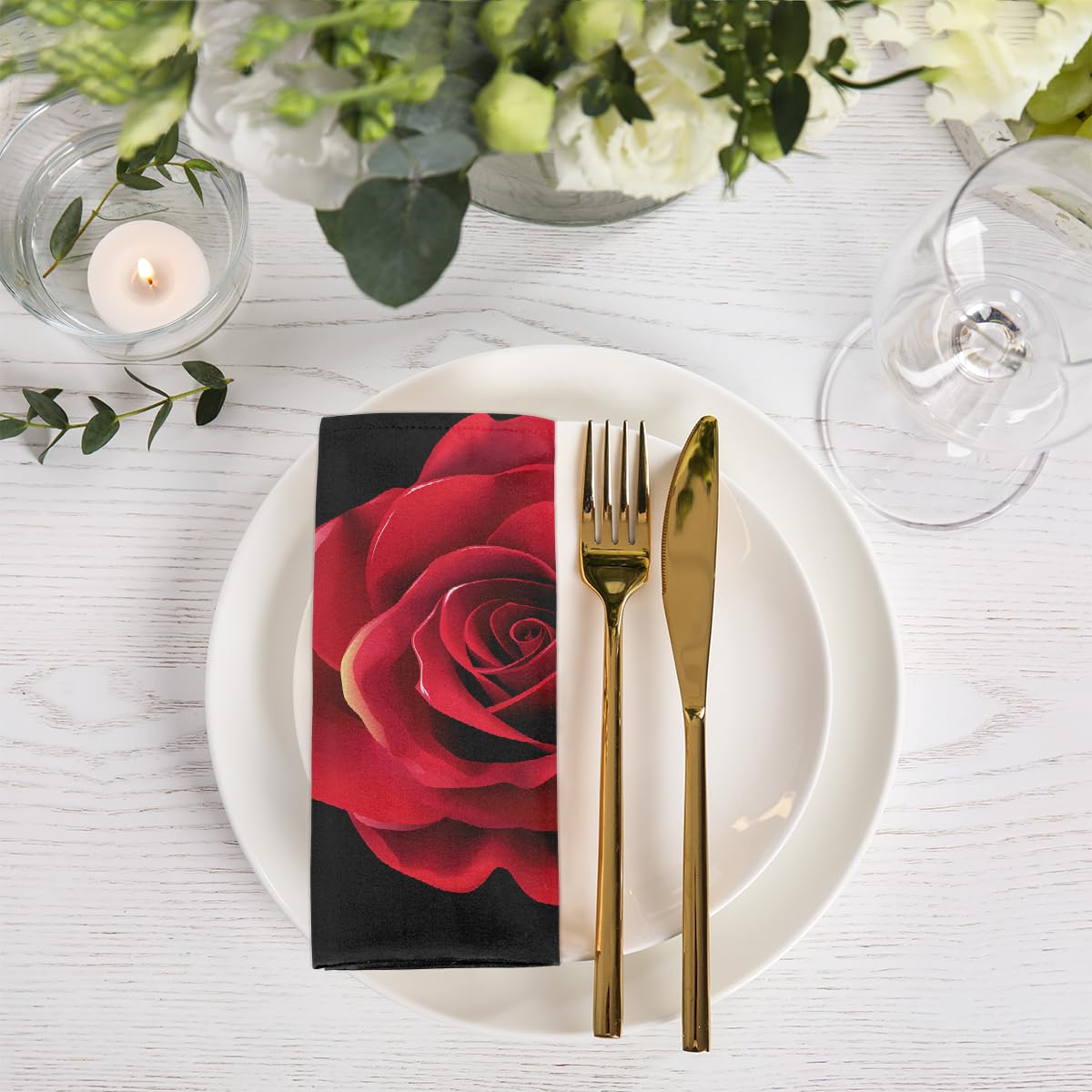 YPPAHHHH Red Rose Flower Black Cloth Napkins Set of 6 Table Napkin Cloth Washable Wrinkle Free Dinner Napkins for Holiday Parties Wedding Restaurant Decor