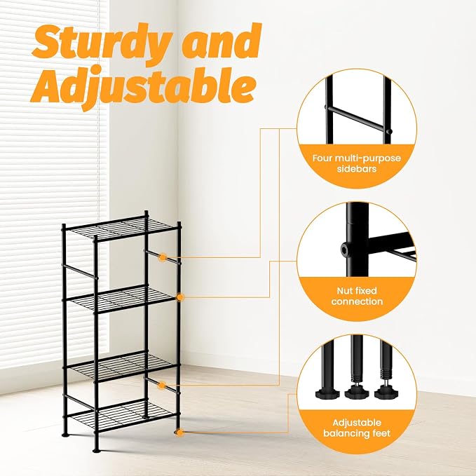 Abiglifty Storage Shelves, 4-Tier Wire Shelving, Metal Shelving with Adjustable Leveling Feet, Garage Storage for Bathroom, Closet, Kitchen
