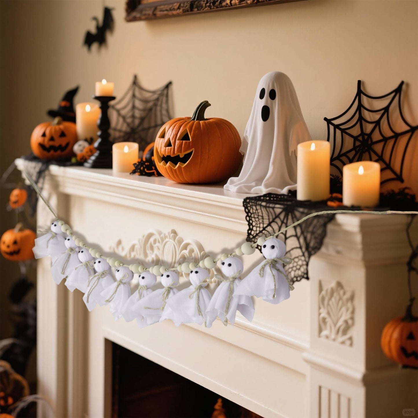 Halloween Decorations Indoor，7Ft Cute Halloween Ghost Garland with Wooden Beads，Handmade Rustic Banner for Mantel Wall Home Office School Indoor Outdoor Spring Decor Supplies