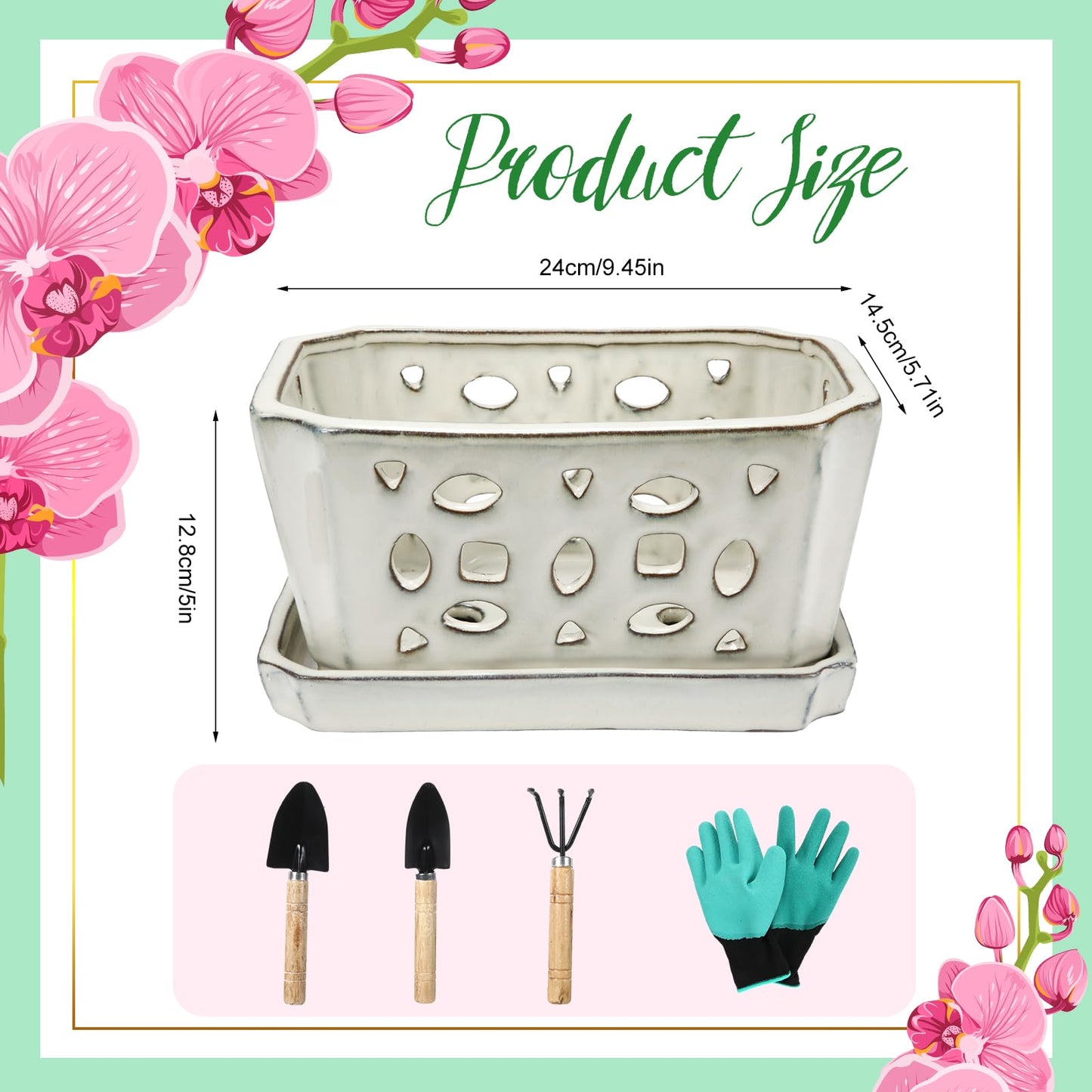 Teenyyou 1 Set Orchid Pot with Holes 9.5 Inch Ceramic Orchid Pot with Saucers for Repotting Amaryllis Flower Planter Include Gardening Shovel Set and Gloves for Home Decor(White)