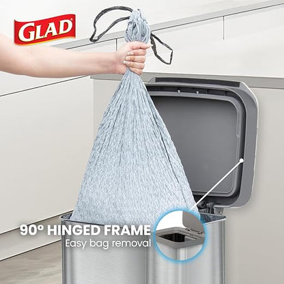 Glad 13 Gallon All Brushed Stainless Steel Trash Can with Clorox Odor Protection | Large Metal Kitchen Garbage Bin with Soft Close Lid, Garbage Bag Rings, Step On Foot Pedal and Waste Bag Roll Holder