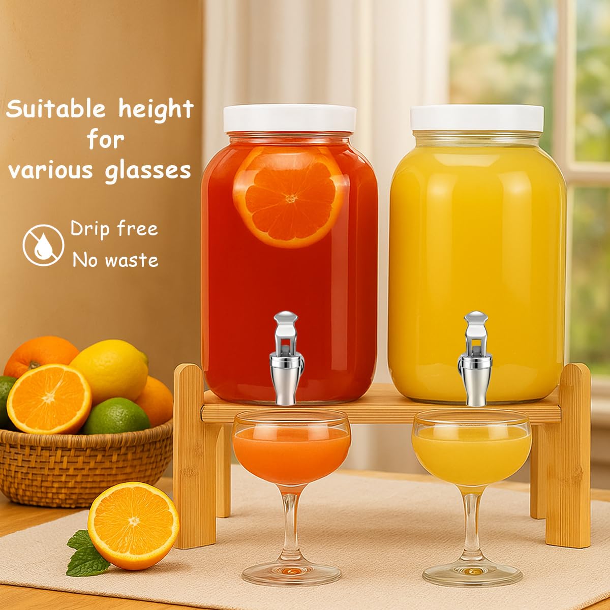 1 Gallon Large Glass Drink Dispensers with Stand for Parties, Glass Iced Beverage Dispensers with Spigot, Reusable Water Dispenser Countertop (2 Pack)