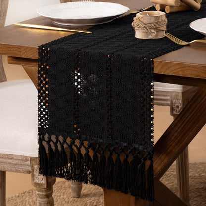 DeZerlor Boho Macrame Table Runner Spring Easter Farmhouse Woven Table Runner with Tassels 90 Inches Halloween Black Cotton Linen Kitchen Table Decor for Dining Dresser Home Tea Table Decor