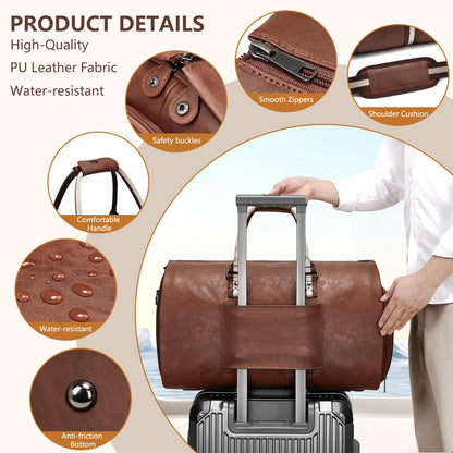 Leather Garment Bags for Travel, Convertible Carry on Garment Duffel Bag for Men, 2 in 1 Waterproof Foldable Travel Suit Bag with Shoulder Strap Weekender Bag with Shoe Pouch