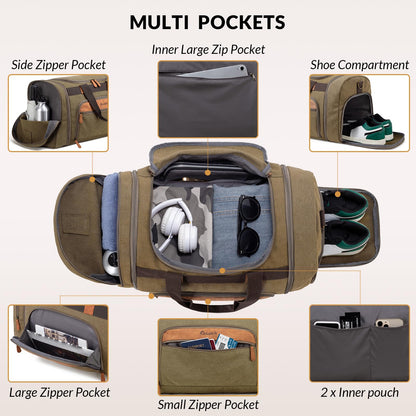 Celvetch Canvas Duffle Bag for Travel 50L Expandable Travel Duffel Bags for Men Women Weekender Overnight Bag with Shoes Compartment - Brown