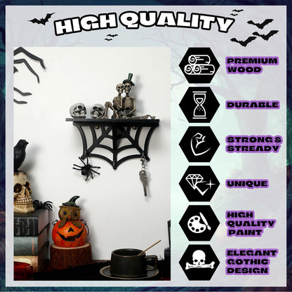 2 Pcs Halloween Spider Web Shelf Goth Room Decor Wood Spooky Gothic Wall Floating Shelves with Hooks Black Hanging Gothic Decor for Halloween Bedroom Home Kitchen Party Oddities Curiosities Display