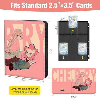 Trading Card Binder Album, 900 Pockets, 3-Ring Refillable with 50 Double-Sided 9-Pocket Sheets, Fits 2.5"x3.5" TCG & Sports Cards, Acid-Free, Zippered PU Cover, Cherry Anime Design