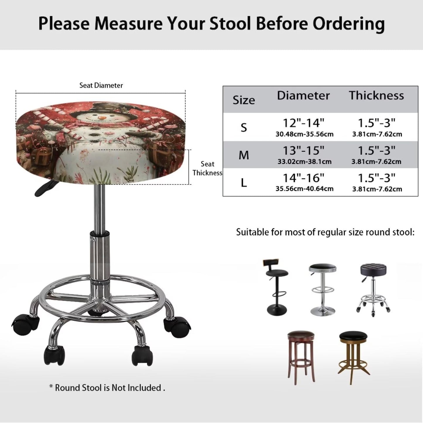 Wiryuouvt Cute Snowman Elastic Seat Covers for Chairs Newspaper Barstool Seat Covers Round Bar Stool Seat Covers Bar Chair Covers with Non Slip Bottom Cushion Chair Slipcover L