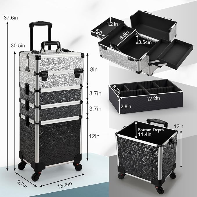 Stagiant Rolling Makeup Train Case Cosmetology Case on Wheels 4 in 1 Large Cosmetic Case with Wheels Makeup Travel Case with Keys Nail Kits Organizer Artist Salon Storage Traveling Cart Trunk Tricolor