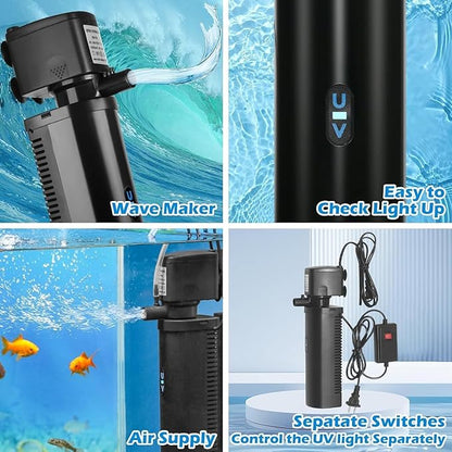 Aquarium Large 100-300 Gallon Fish Tank Filter U-V Dual Spout 600GPH Silent Canister Internal Filter Cold Plunge Tub Koi Pond Filter, Green Clean Machine Deodorization for Saltwater Freshwater