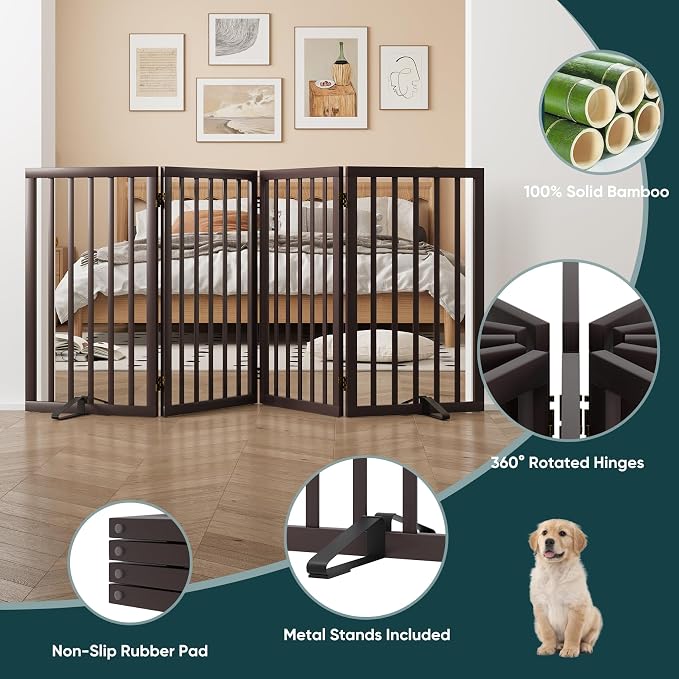 Freestanding Dog Gate Indoor 32“Tall, Foldable Dog Gates for Doorways, 4-Panel Pet Gates for Dogs with with 2 Metal Stands (74" W, Espresso)