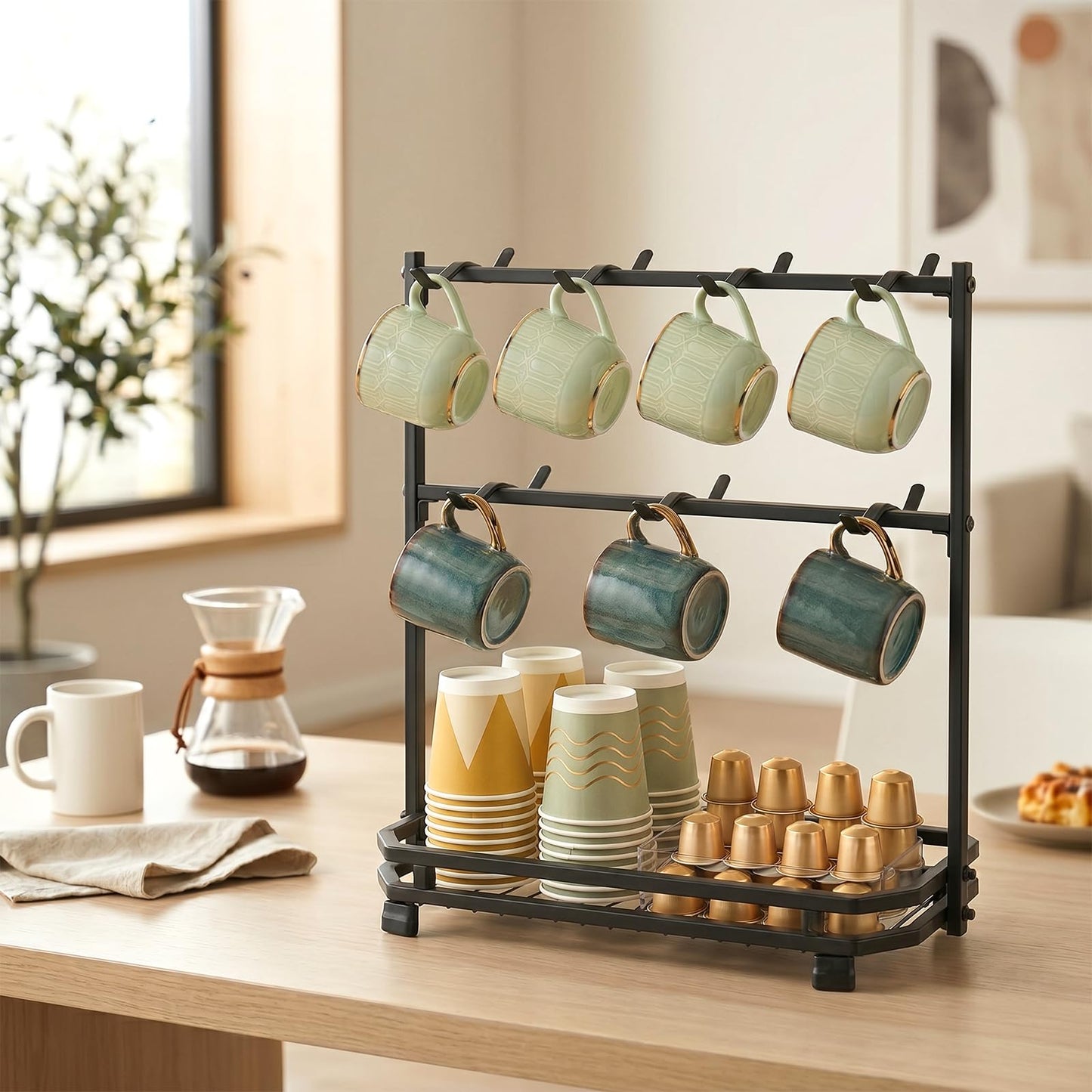 Samhe Coffee Mug Holder for Countertop, Coffee Cup Holder Rack with 14 Hooks, Metal Mug Tree Stand with Storage Base for K Cup Coffee Pod Paper Cups Tea Bag - Black