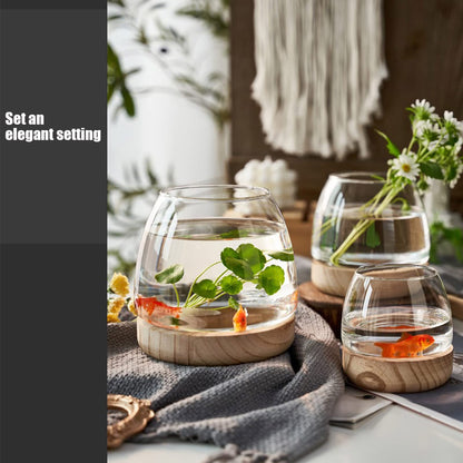 DCQRY Clear Glass Bubble Bowl Glass Planter Hydroponic Plant Vase with Detachable Wood Base Unique Fish Tanks Glass Terrarium Container Pot for Hydroponic Plants Home Garden Decor