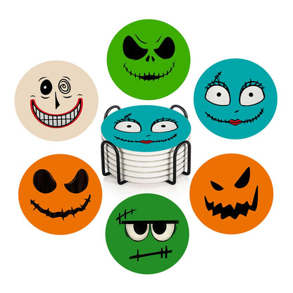 Nicegod Happy Halloween Coasters Set of 6, Round Absorbent Ceramic Coaster, with Metal Holder and Cork Base, Spooky Face Monster Coasters for Coffee Table Home Decor Kitchen Housewarming Gifts