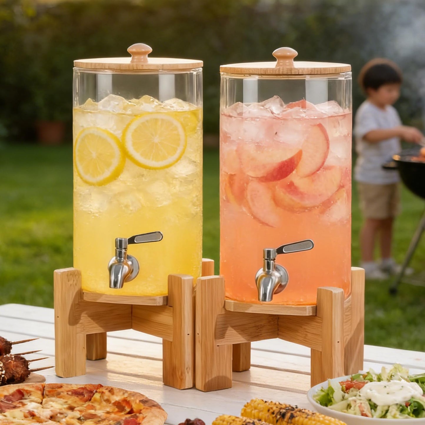 MOBYKE 2 PCS 1.1 Gallon Drink dispenser, Large Water Glass Beverage Dispenser With Wood Stand for Parties With Stainless Steel Spigot, Ideal for Lemonade,Juice, Tea, and Party Drinks