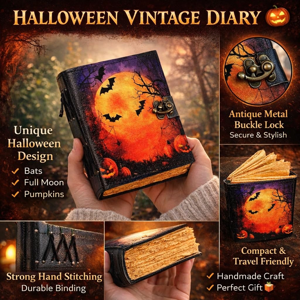 cuero Leather Halloween Journal with Pumpkin & Bat Print, Vintage Handmade Diary with Antique Metal Lock, Thick Handmade Paper, Gothic Notebook for Writing, Sketching & Gift (6.5 x 5)