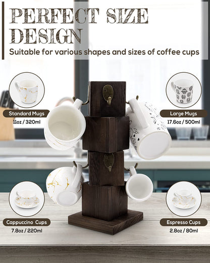 PUERSI Coffee Mug Holder for Counter, Rustic Solid Wood Mug Tree, Farmhouse Wooden Coffee Cup Rack with 8 Hooks (Rustic Brown)