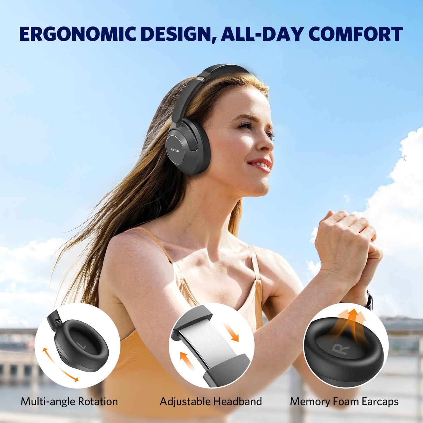 EarFun Wave Pro Active Noise Canceling Headphones, Wireless Over Ear Bluetooth Headphones, LDAC Hi-Res Sound, 5 Mics AI Clear Call, 80H Playtime, Multipoint Connection, Comfort Fit, Custom EQ via App