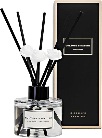 CULTURE & NATURE Reed Diffuser Set 4oz (120ml) Lime Basil & Mandarin Scented Diffuser with Sticks Home Fragrance Reed Diffuser for Bathroom Shelf Decor