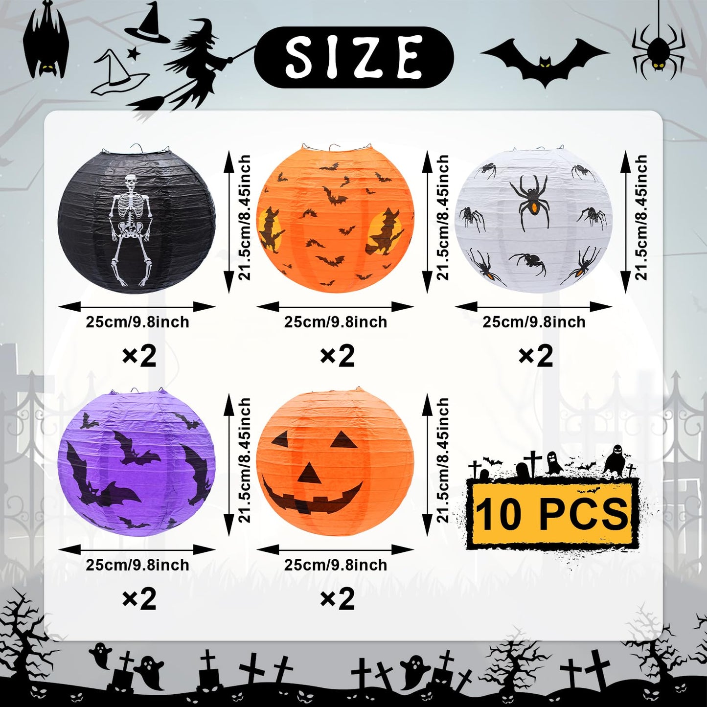 10-Pack Halloween Paper Lanterns Set – 10" Hanging Pumpkin Skeleton Bat Spider Witch Lanterns for Indoor Outdoor Halloween Party, Porch, Classroom Decorations