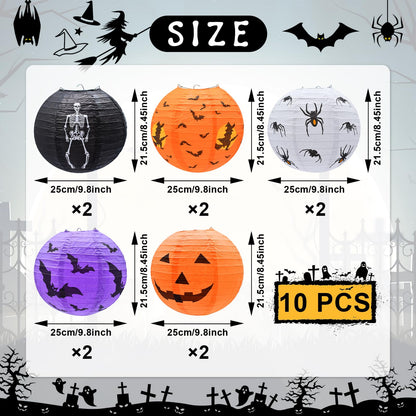 10-Pack Halloween Paper Lanterns Set – 10" Hanging Pumpkin Skeleton Bat Spider Witch Lanterns for Indoor Outdoor Halloween Party, Porch, Classroom Decorations