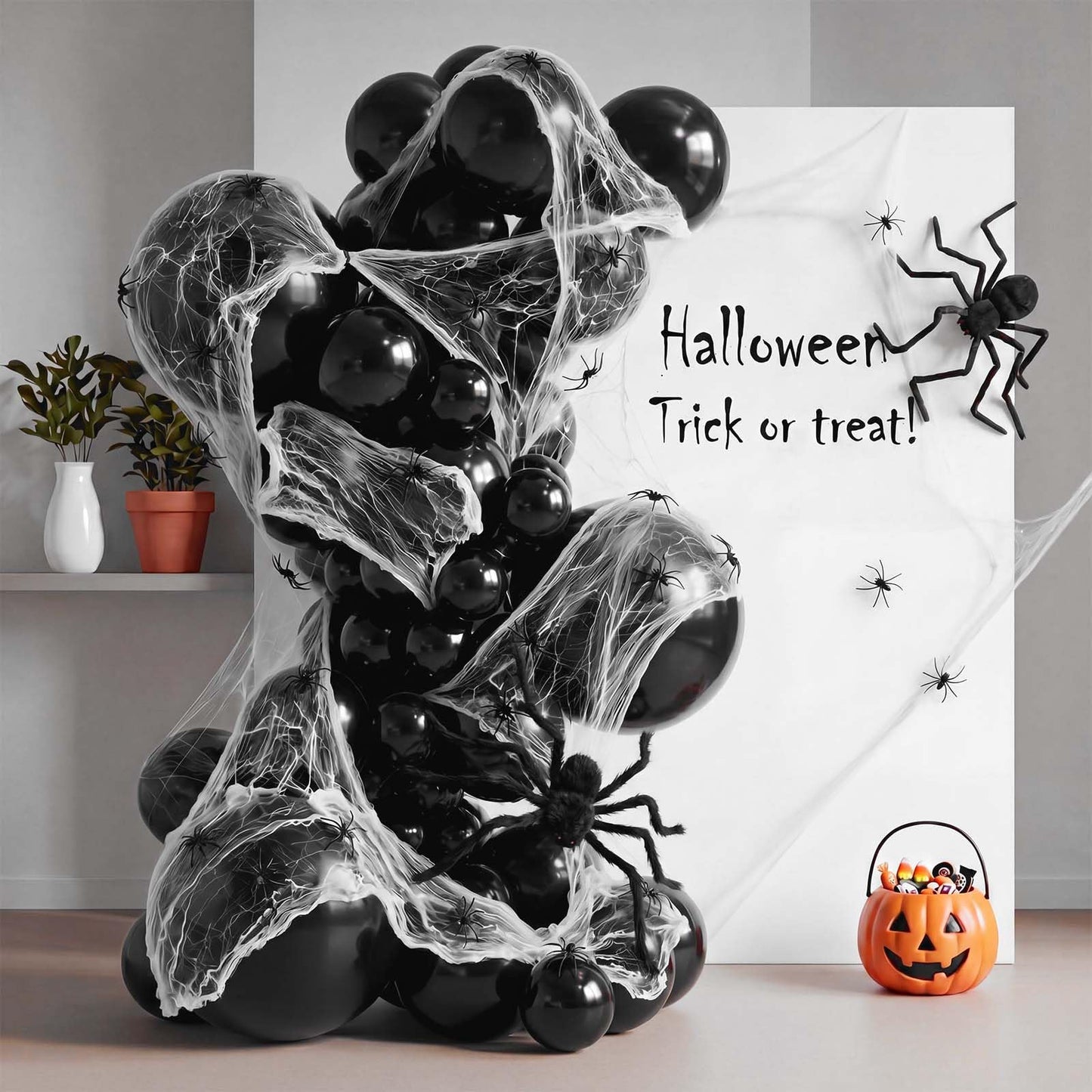 Gejoy 113 Pcs Halloween Balloon Garland Arch Kit with Spider Web and Spiders Spooky Halloween Party Decorations Black Latex Balloons Set Scary Birthday Backdrop for Haunted House Horror Party Supplies