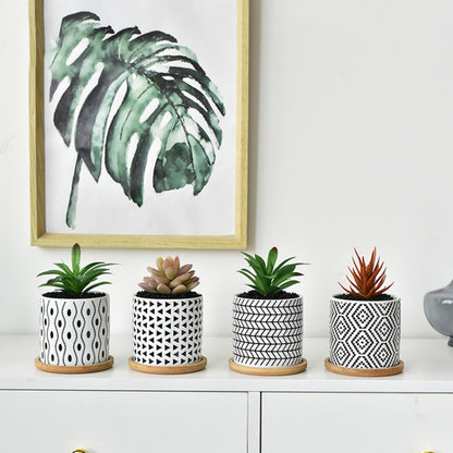 Succulent Pots, 3.5 Inch Small Succulent Planters with Drainage for Plants Live, Hand-Painted Ceramic Pot Flower Pots Bonsai Pots with Bamboo Tray, Unique Gifts for Women/Men, 4 Pack (Geometry-2)