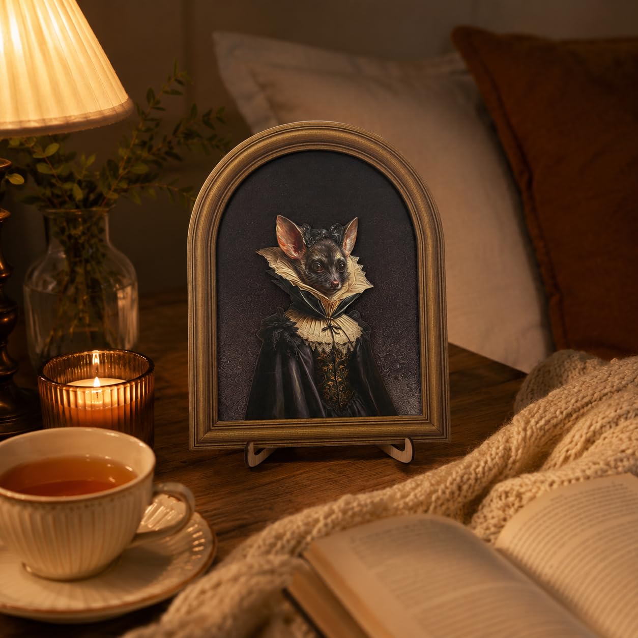 3D Gothic Bat Table Decor Painting, Dark Academia Victorian Vampire Animal Portrait Wooden Wall Art for Home Bar Desk Shelf, 8x10 Inch