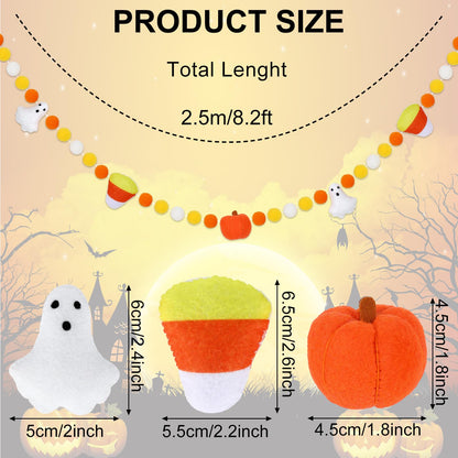 Whaline Halloween Felt Ball Banner Candy Corn Ghost Pumpkin Hanging Banner 3D Yellow White Pom Pom Garland for Halloween Party Supplies Fireplace Wall Home Decoration