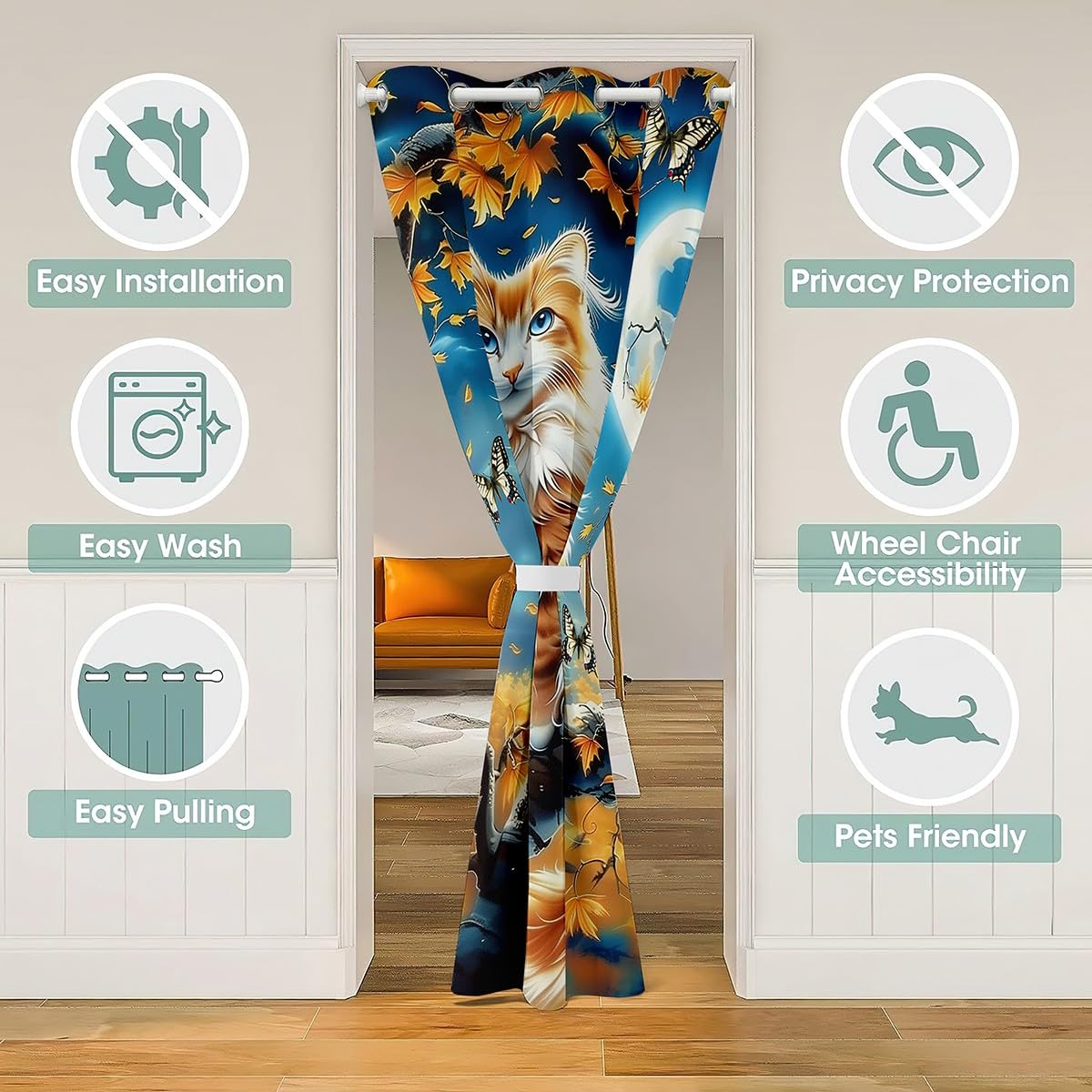 Cute Cat Door Curtain Autumn Maple Leaves Tree Doorway Curtain Wild Butterfly Darkening Blackout Curtain Blue Night Moon Drape for Bedroom Privacy 1 Panel 34" W X 80" L