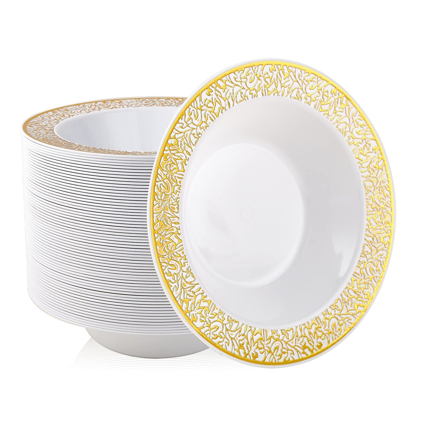 JOLLY PARTY 60 Disposable Gold Plastic Dessert Bowls, 12 oz Soup Bowls, Lace Christmas Thanksgiving Trim, Premium Heavy Duty Plastic Bowl for Wedding/Party (Gold)